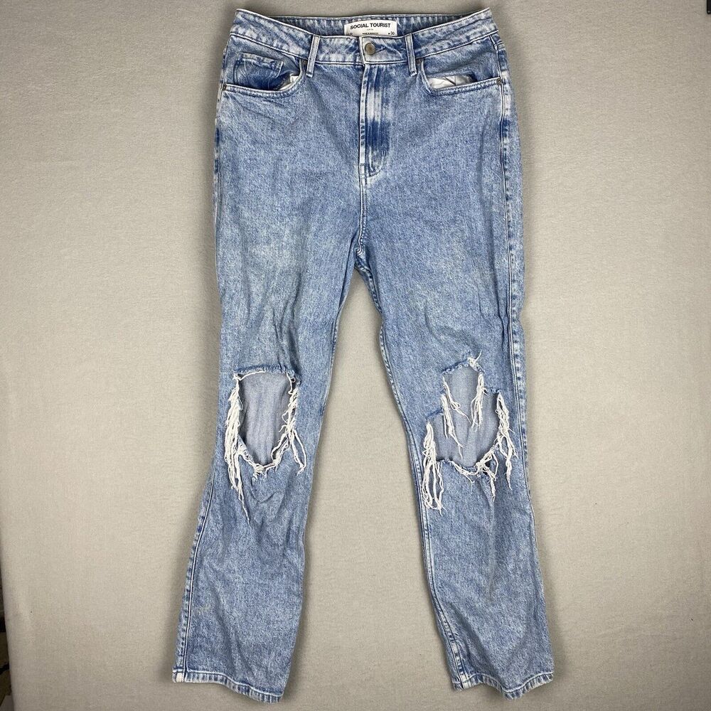 Social Tourist Blue Denim Jeans Size 30w High Waist 11R Distress Light Wash Pant